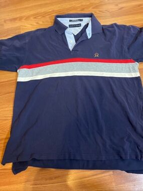 Tommy Hilfiger Navy Polo with Red, Gray and White Stripes Size XL